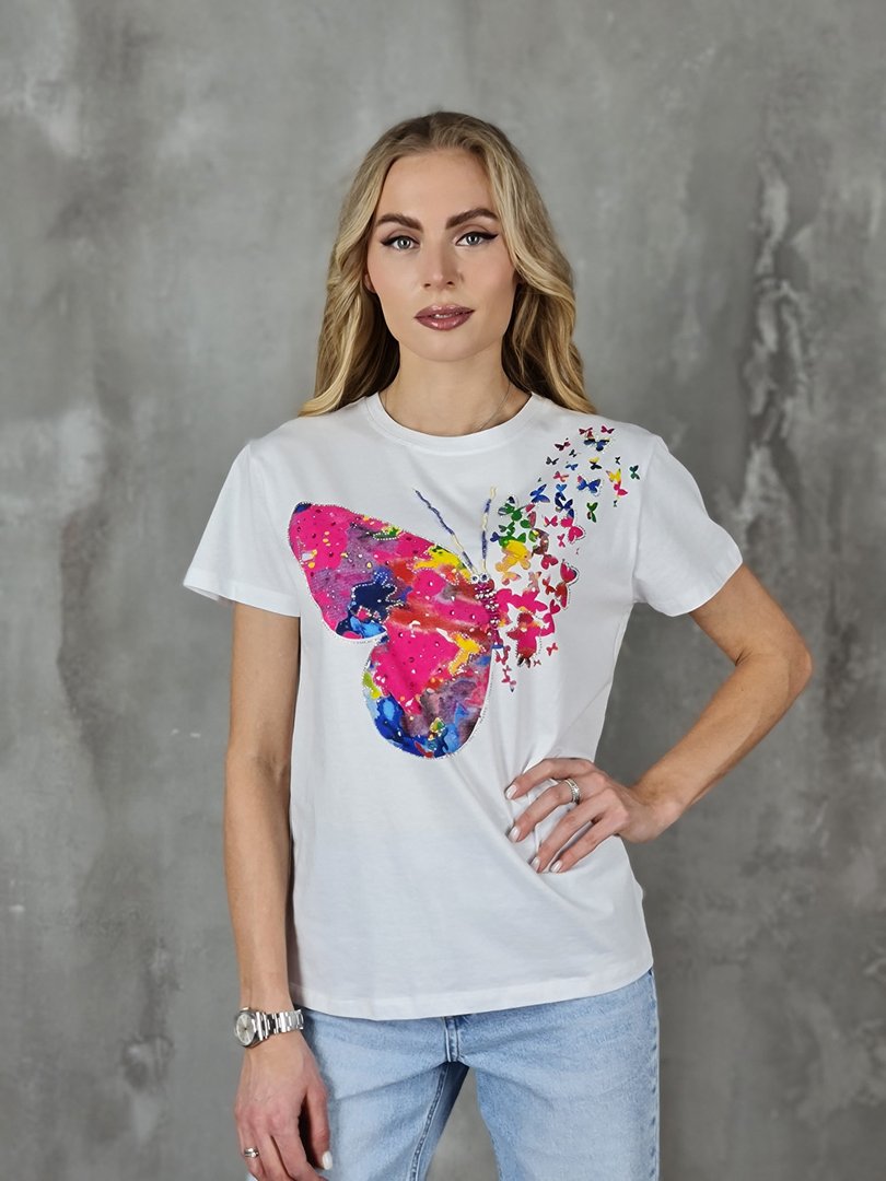 Футболка Miss Kiss с принтом розовой бабочки белая, фотография №1