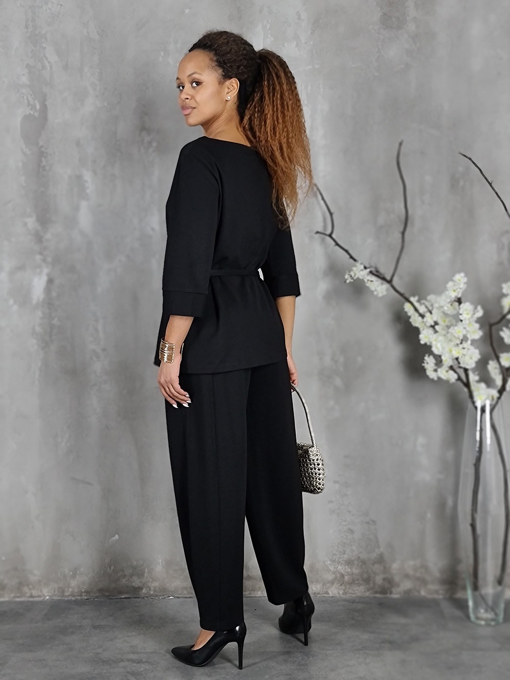 Костюм Imperial джемпер 3/4 с поясом и брюки на резинке черный (FH86JHZ), фотография №2