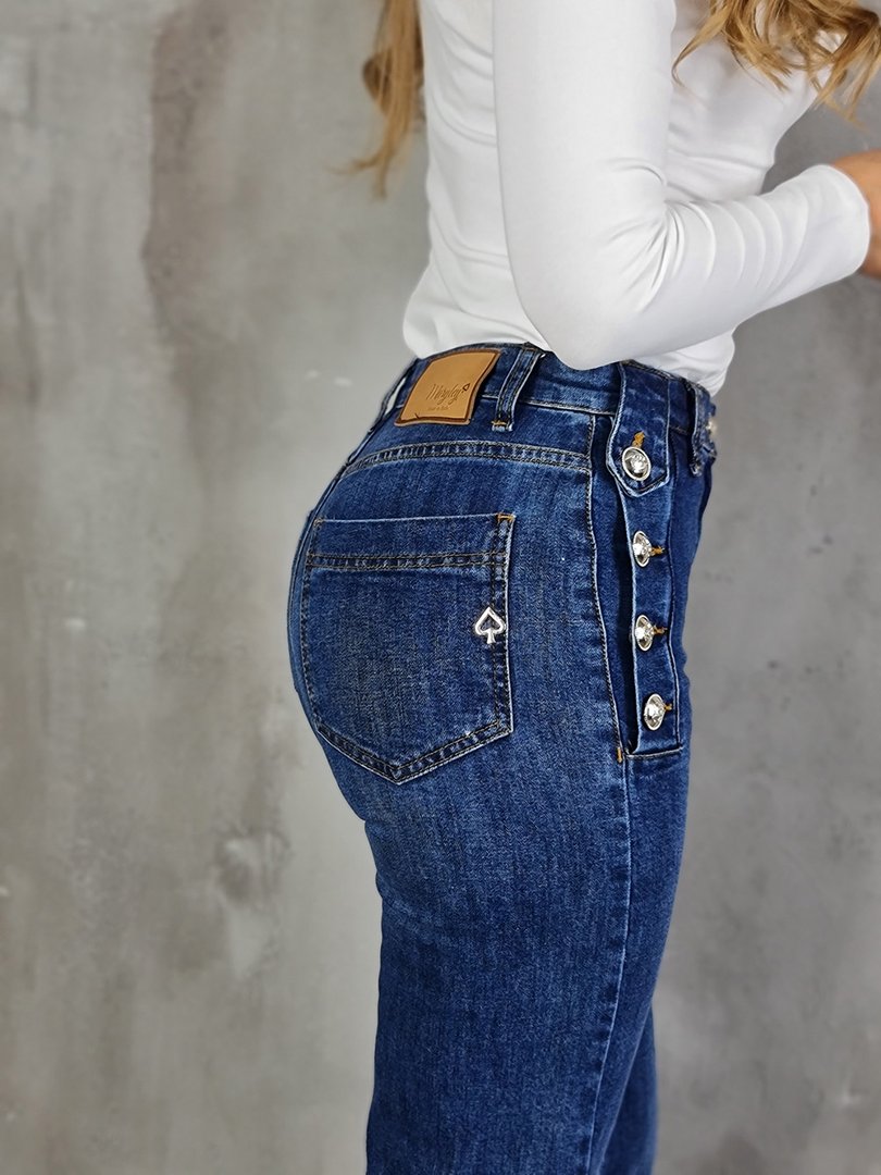 Джинсы Maryley клёш с золотыми пуговицами по бокам синие, фотография №5