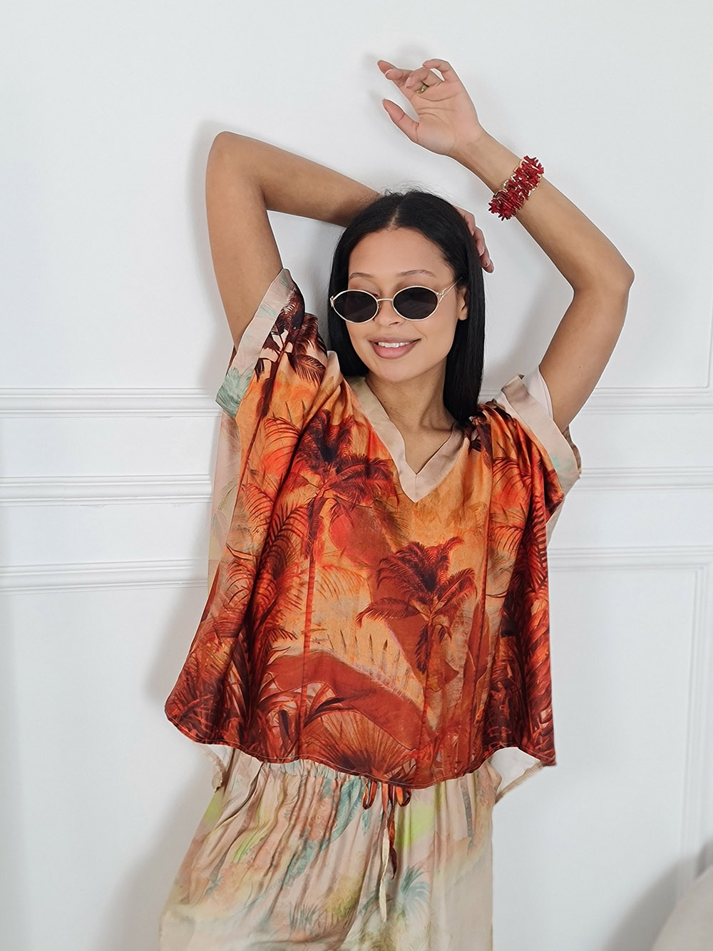 Костюм New Collection джемпер + брюки с принтом пальмы красно-оранжевый, фотография №4