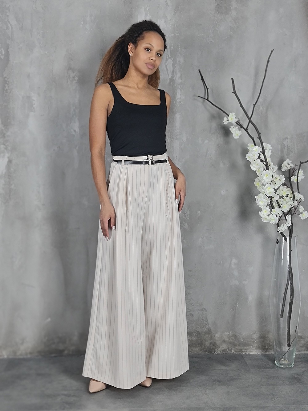 Брюки Imperial палаццо с двумя ремнями в полоску кремовые, фотография №2