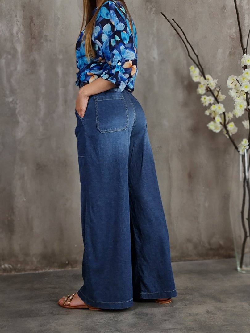 Брюки Please палаццо с тонким коричневым ремешком синие, фотография №3