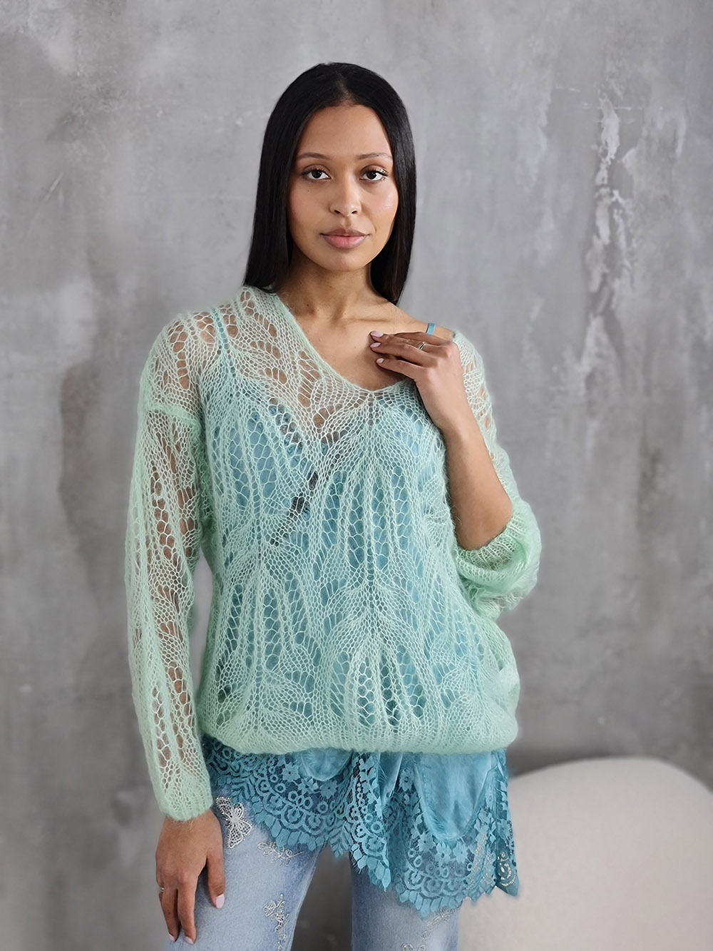 Джемпер Silk new v вырез мохер ментол, фотография №1