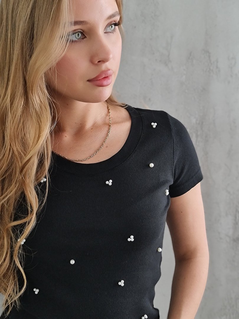 Футболка Vicolo с жемчужинками в рубчик черная, фотография №4