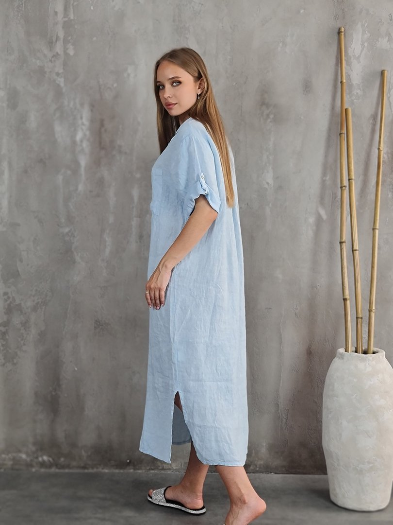 Платье-рубашка PURE LINEN с коротким рукавом голубое, фотография №2