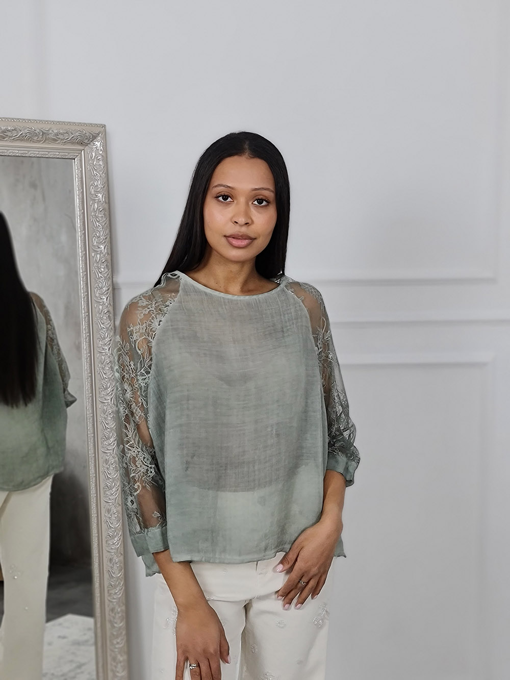 Блузка WI&CO с кружевными рукавами оливковая , фотография №1