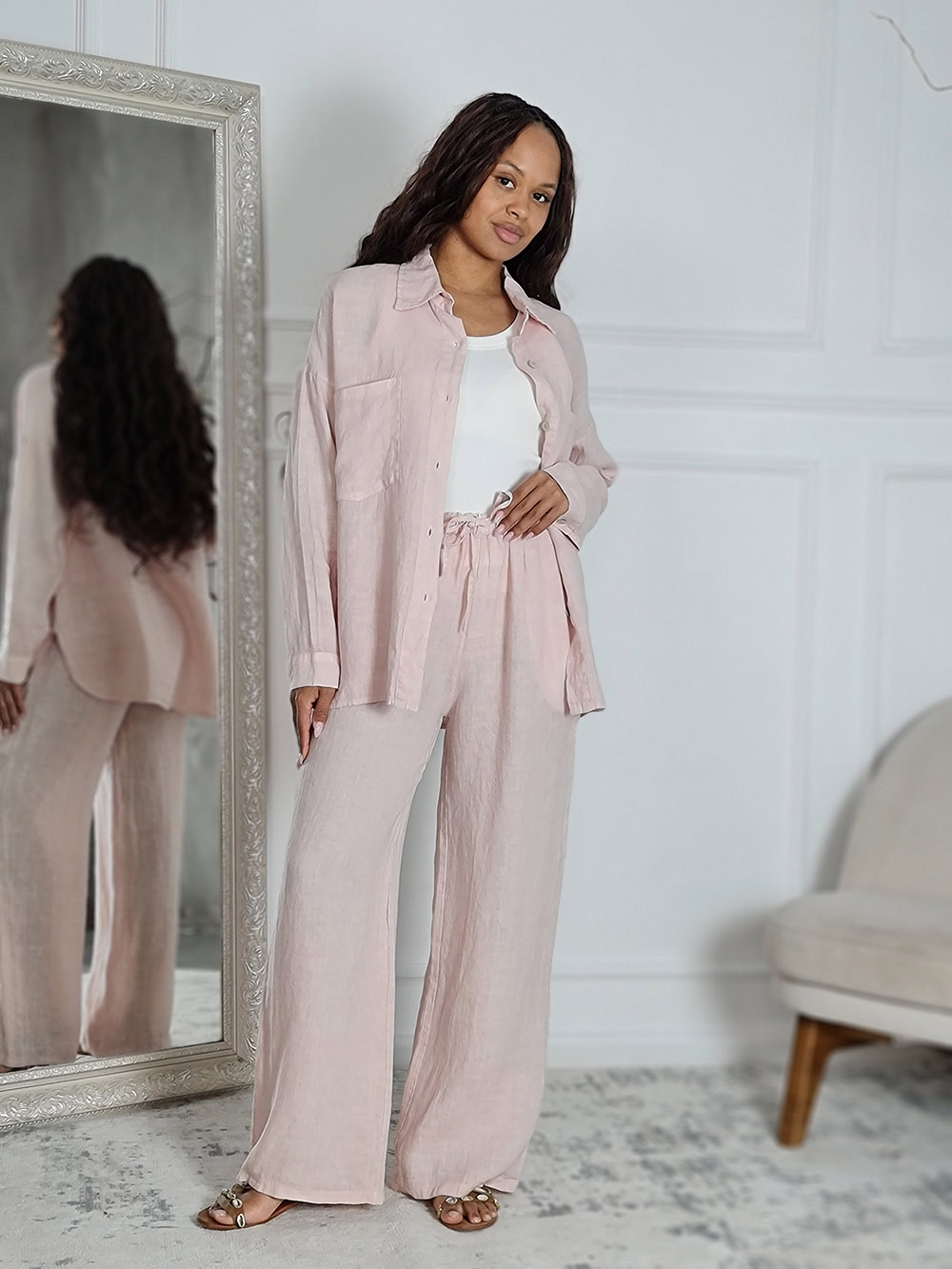 Костюм Shaken льняной рубашка и брюки пудра , фотография №1