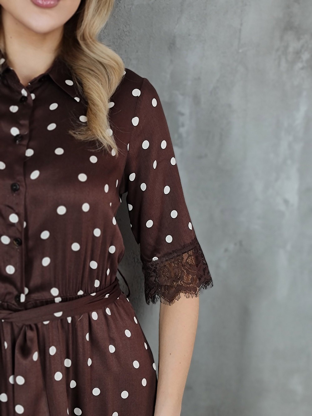 Платье Imperial рукав 3/4 в горох с поясом шоколад , фотография №3