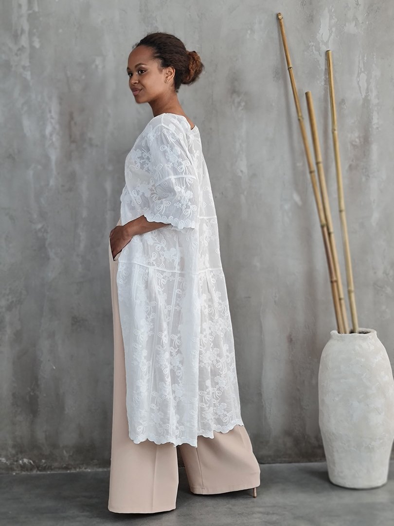 Кардиган li.fe style удлиненный с кружевными вставками белый, фотография №4