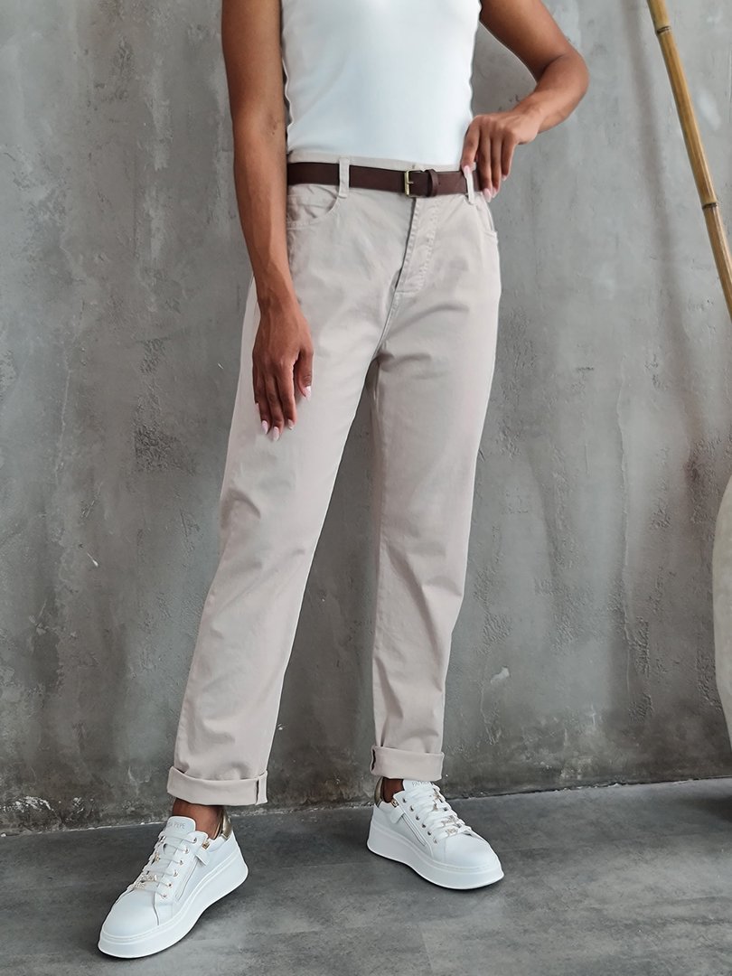 Брюки Please из ткани с коричневым ремешком кремовые, фотография №1