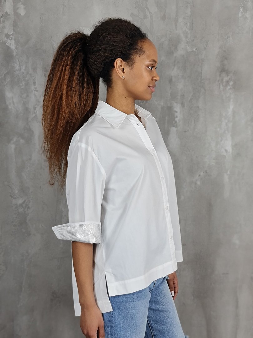 Рубашка J&J Couture с рукавом 3/4 и стразами на рукавах белая, фотография №2