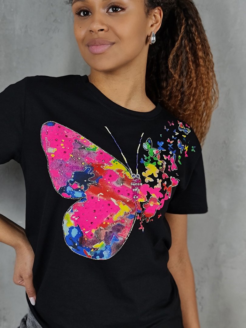 Футболка Miss Kiss с принтом розовой бабочки черная, фотография №2