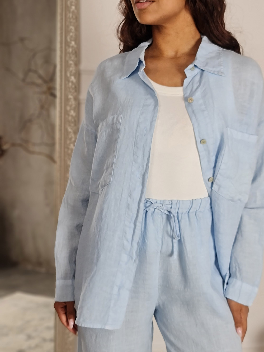 Костюм Shaken льняной рубашка и брюки голубой , фотография №2