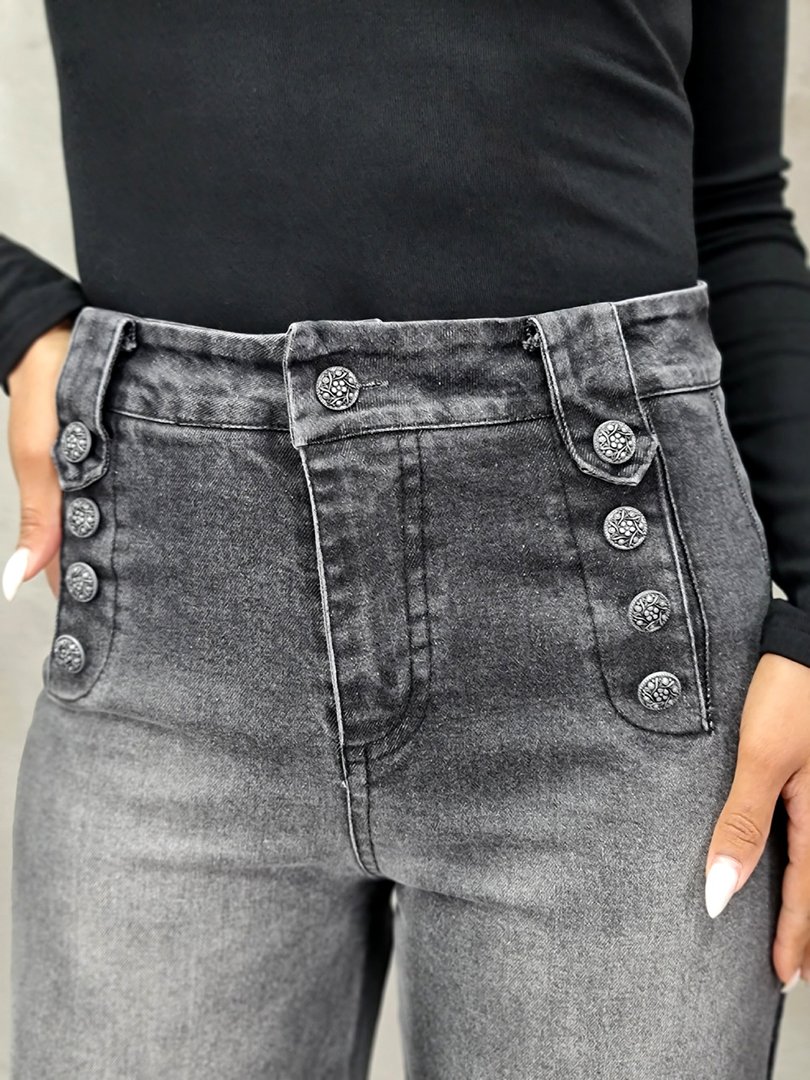 Джинсы 3D Denim прямые с декоративными пуговица черные, фотография №3