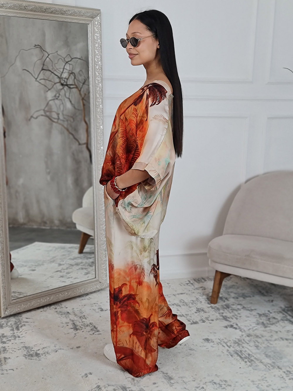 Костюм New Collection джемпер + брюки с принтом пальмы красно-оранжевый, фотография №5