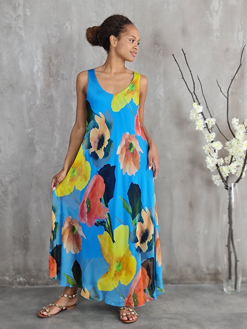 Платье Silk New с цветочным принтом голубое, фотография №4