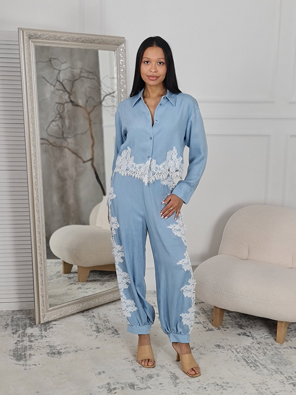 Костюм Imperial рубашка и брюки с кружевом голубой, фотография №1