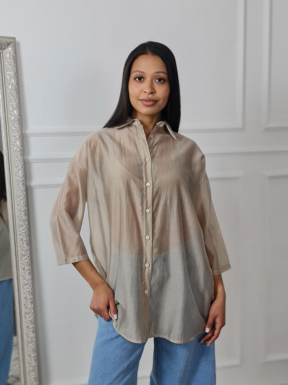 Рубашка MIHOs удлиненная с розой на спине бежевая, фотография №1