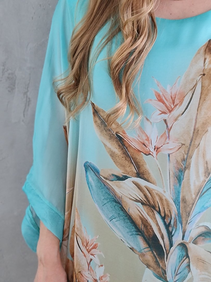 Платье Silk New свободное с принтом цветов бирюзовое, фотография №3
