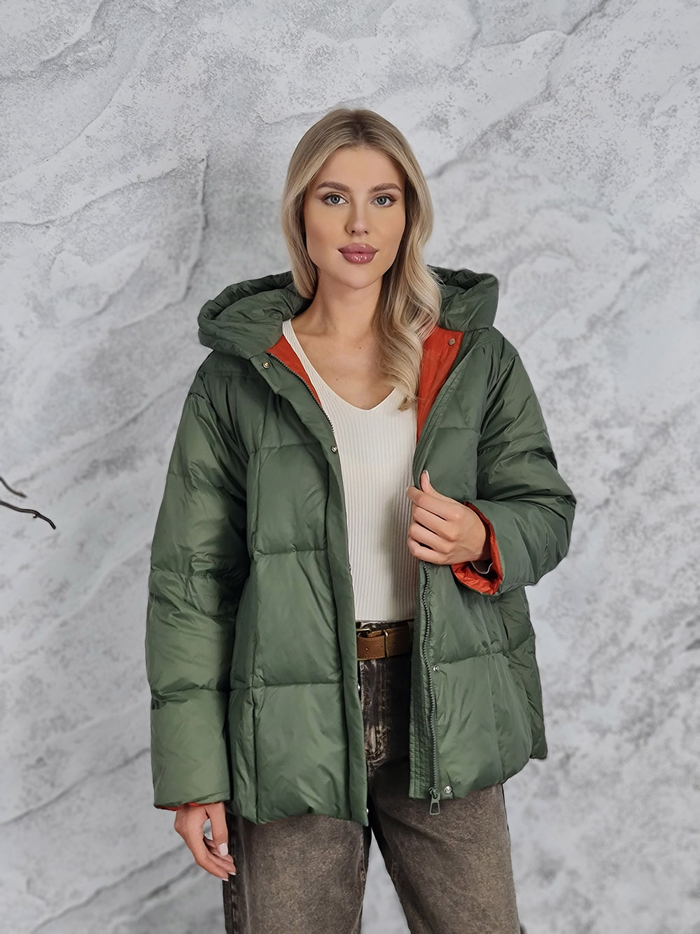 Куртка DEGREES оранжевый подклад с заклепками по бокам хаки  , фотография №1