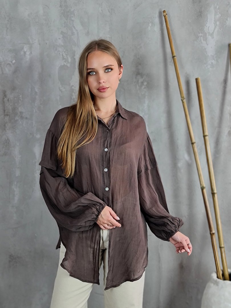 Рубашка MIHO'S с вставками на рукавах шоколадная, фотография №2