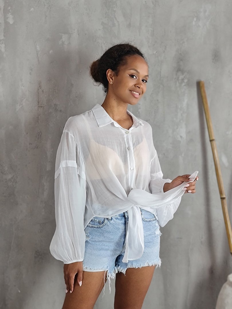 Рубашка MIHO'S с вставками на рукавах белая, фотография №2