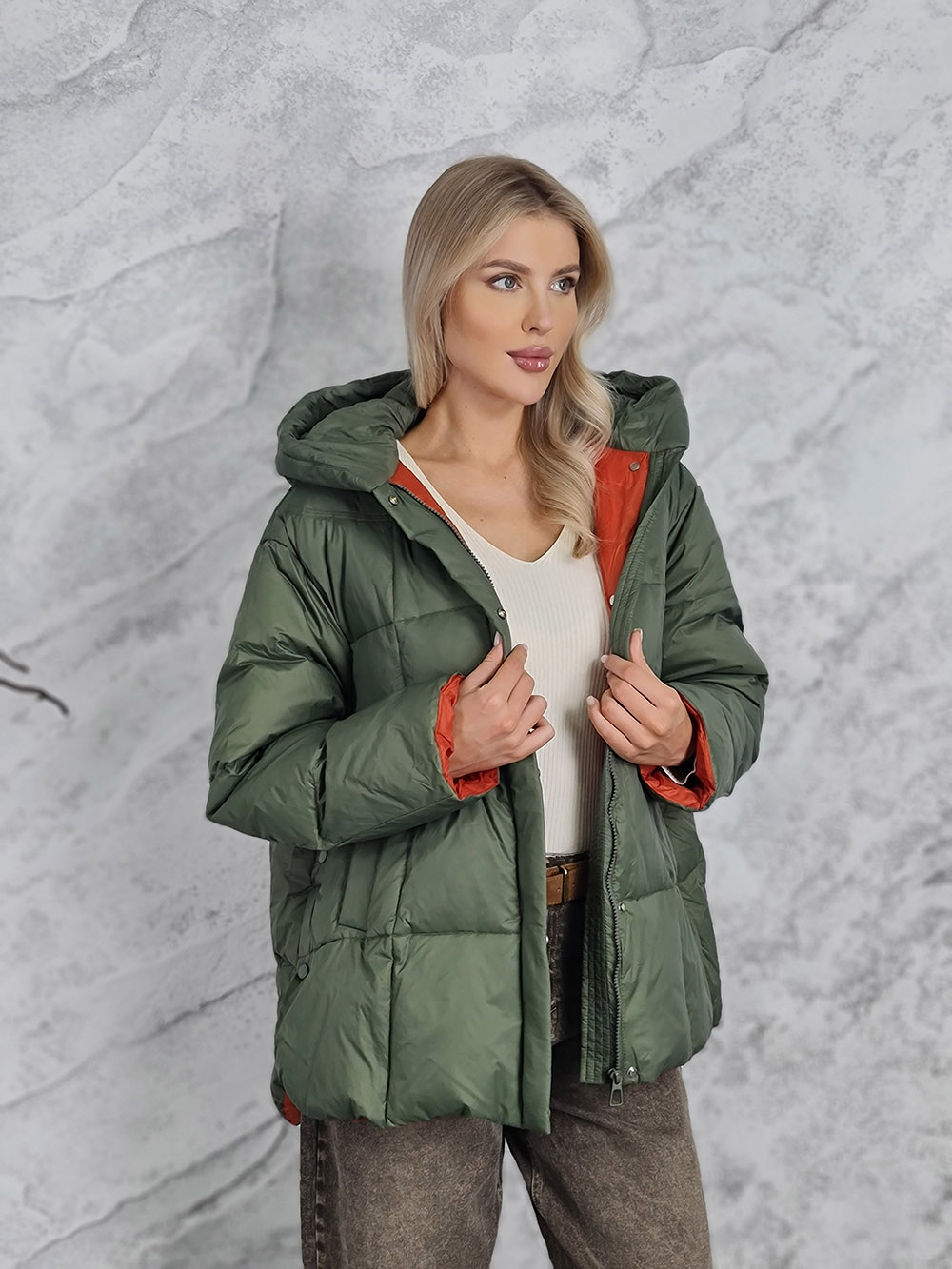 Куртка DEGREES оранжевый подклад с заклепками по бокам хаки  , фотография №2