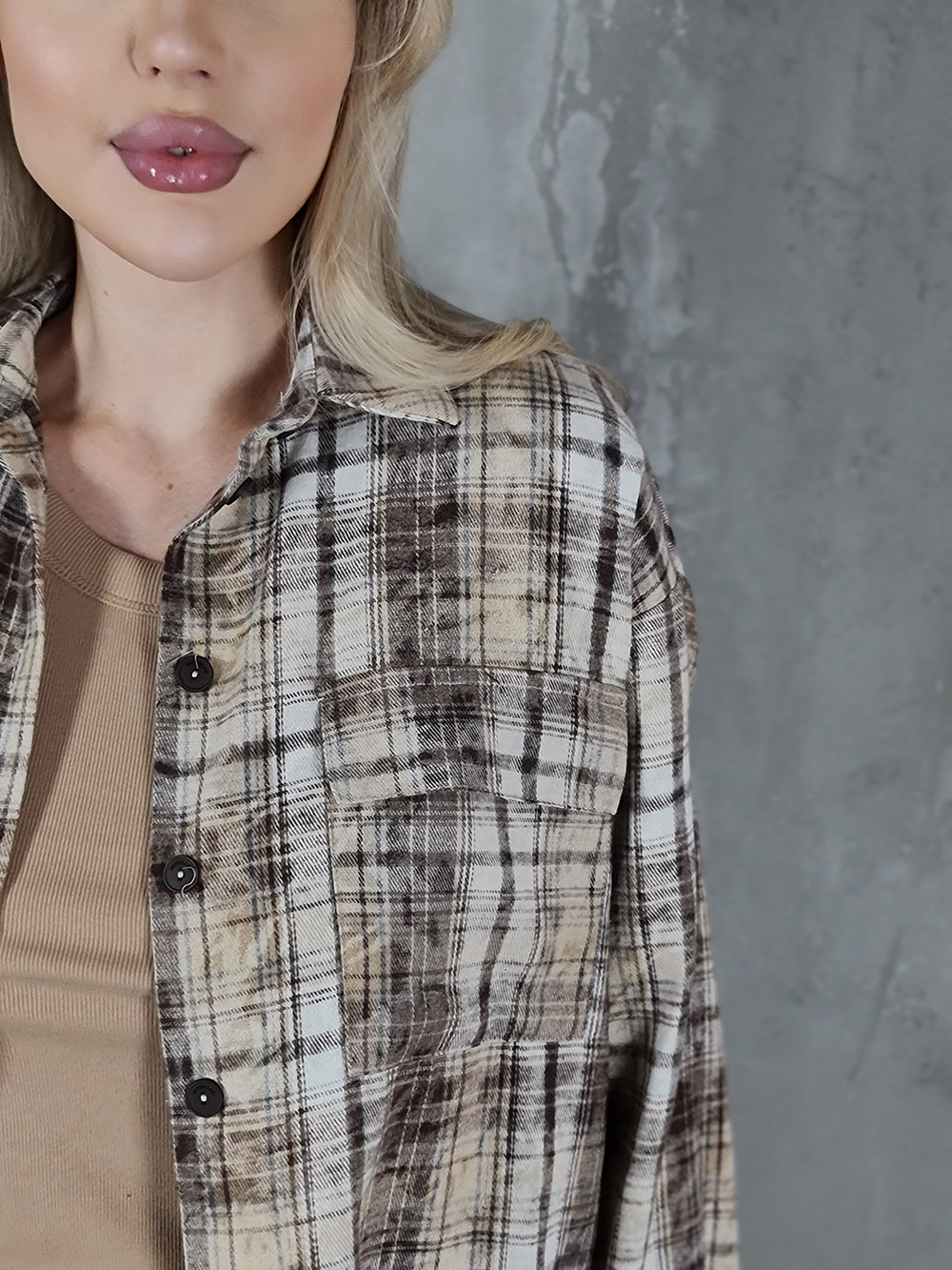 Рубашка с варёным эффектом Imperial в клетку бежевая, фотография №2