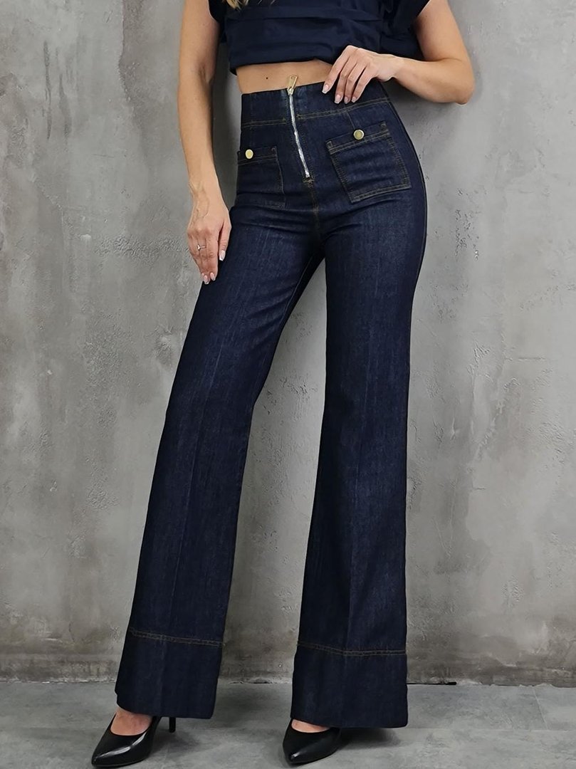 Джинсы Defence палаццо с золотыми пуговицами и карманами тёмно-синие, фотография №1