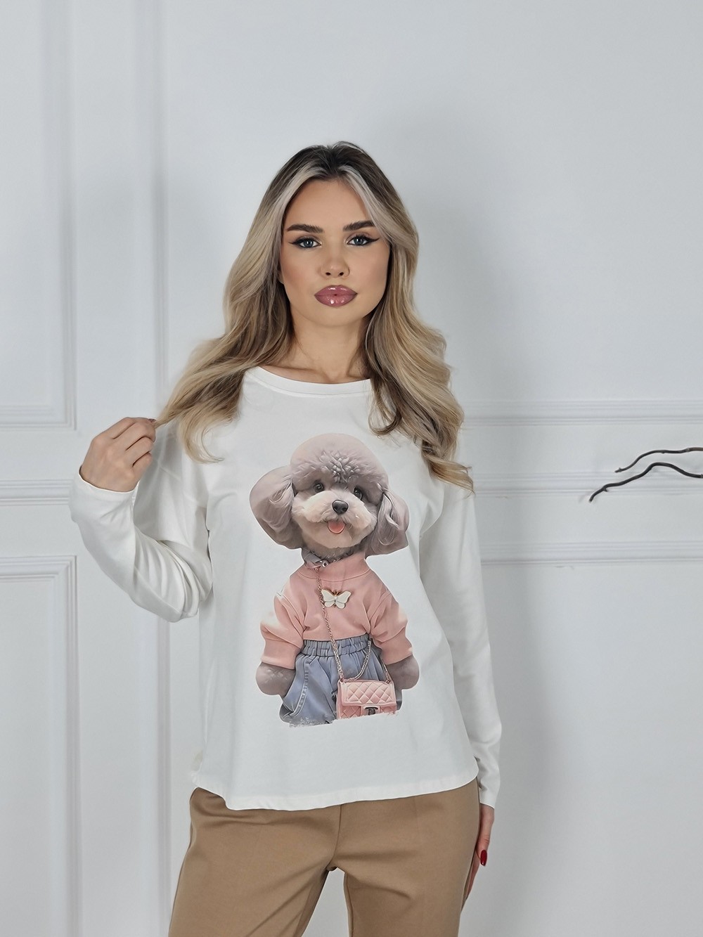 Лонгслив MIHO'S с принтом пудровой собачки белый, фотография №1