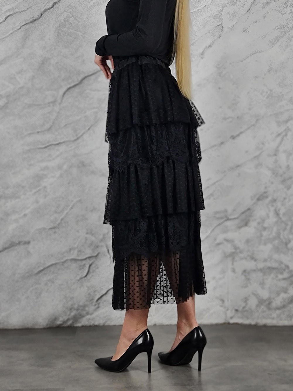 Юбка фатиновая в горошек с ремнем черная, фотография №3