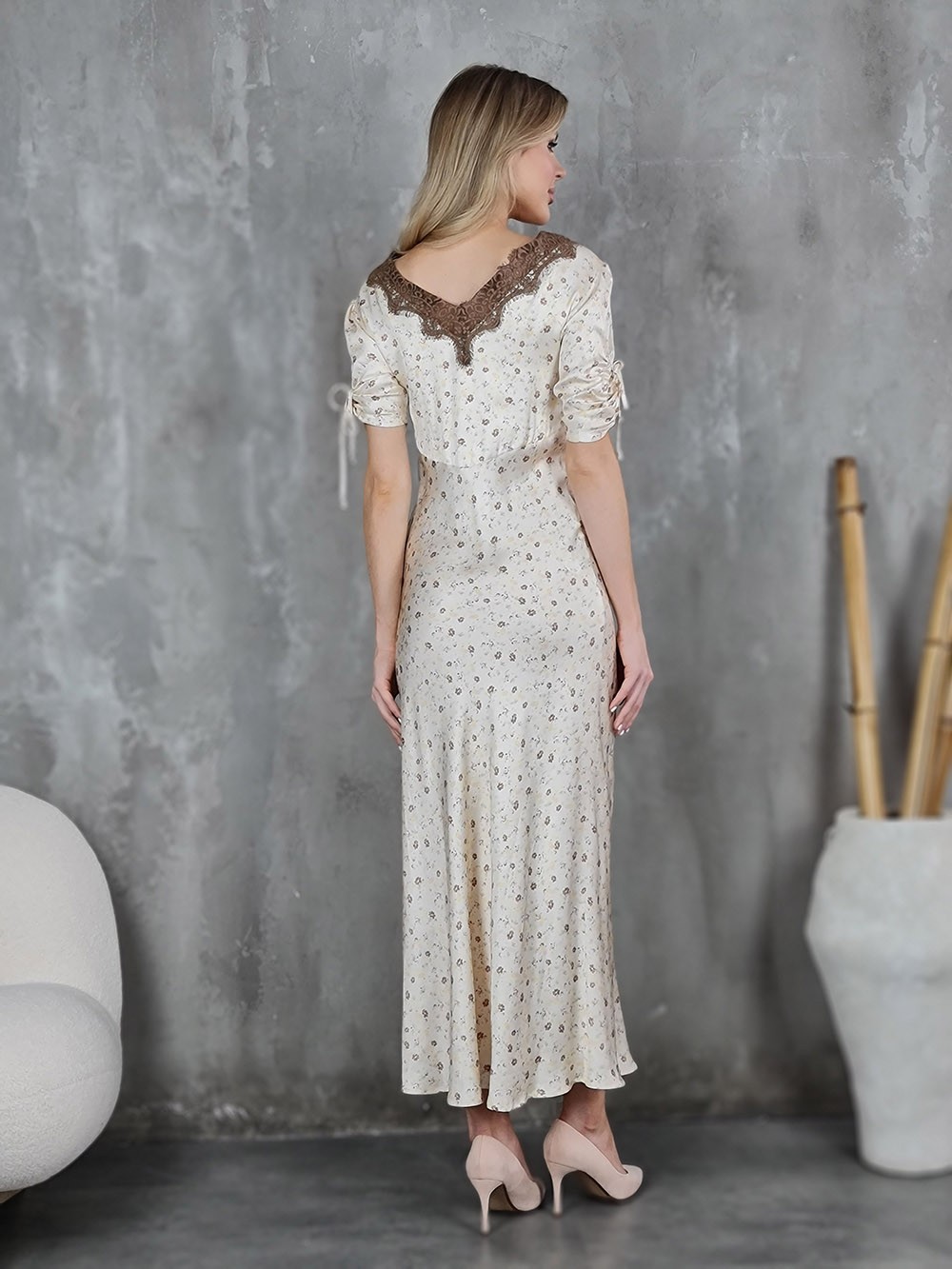 Платье Imperial принт цветы с коричневым кружевом молочное , фотография №5