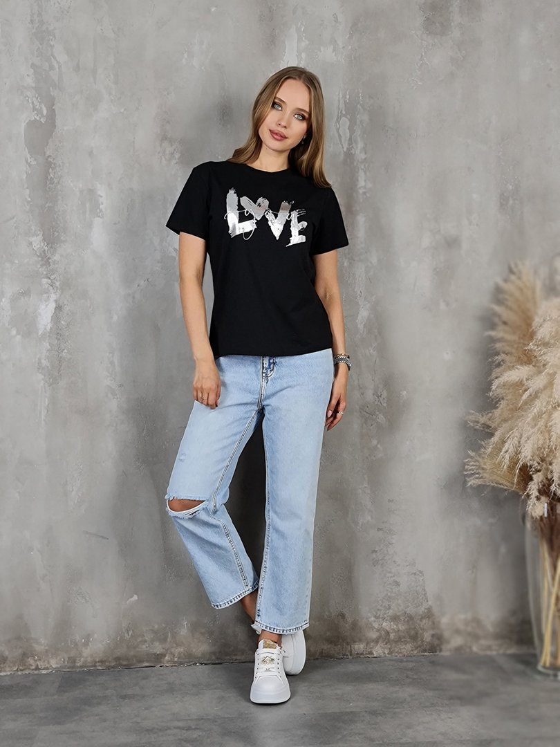 Футболка li.fe style с серебристой надписью LOVE черная, фотография №2