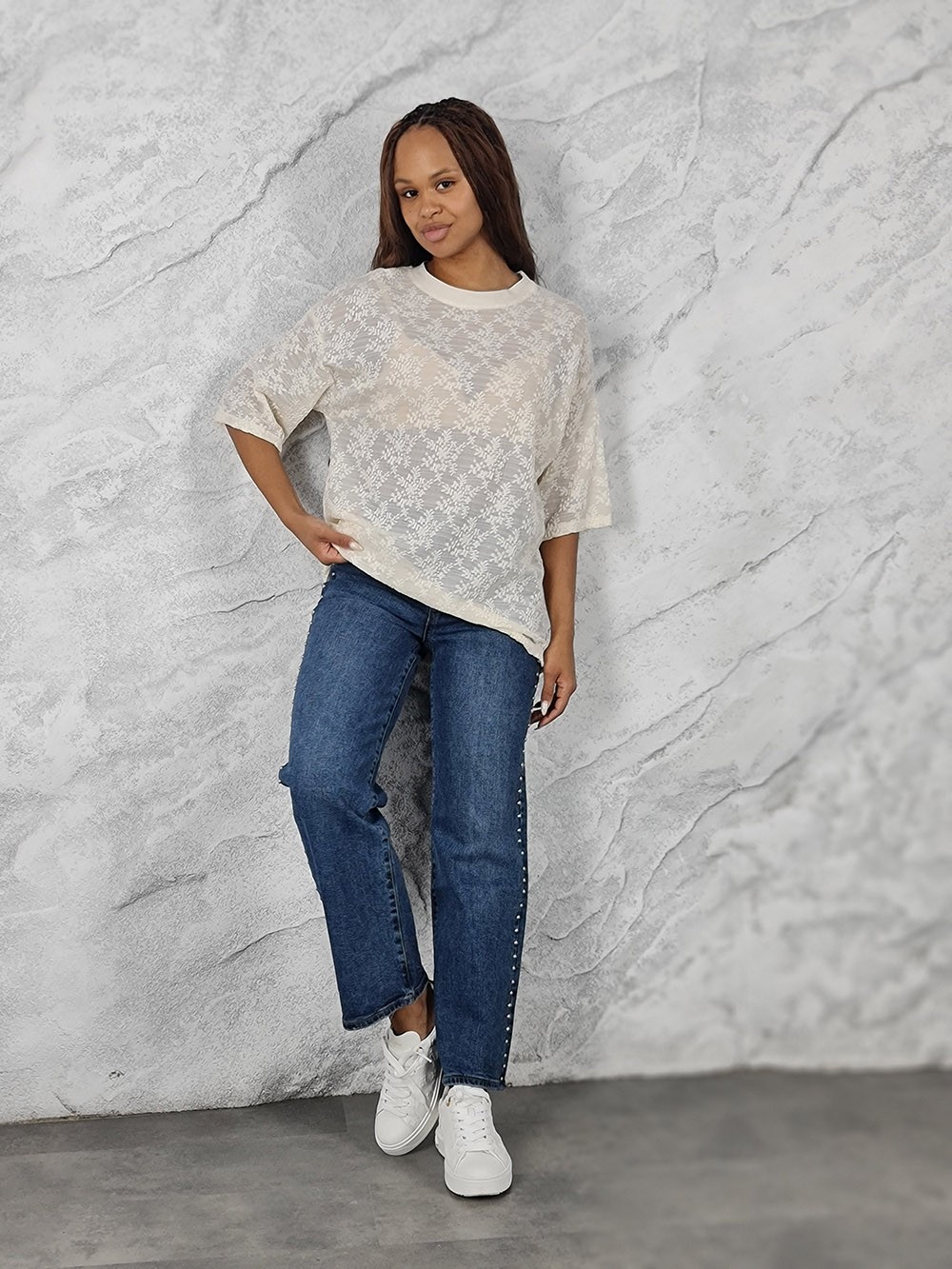 Блузка MIHO'S в сеточку с вышивкой кремовая, фотография №2