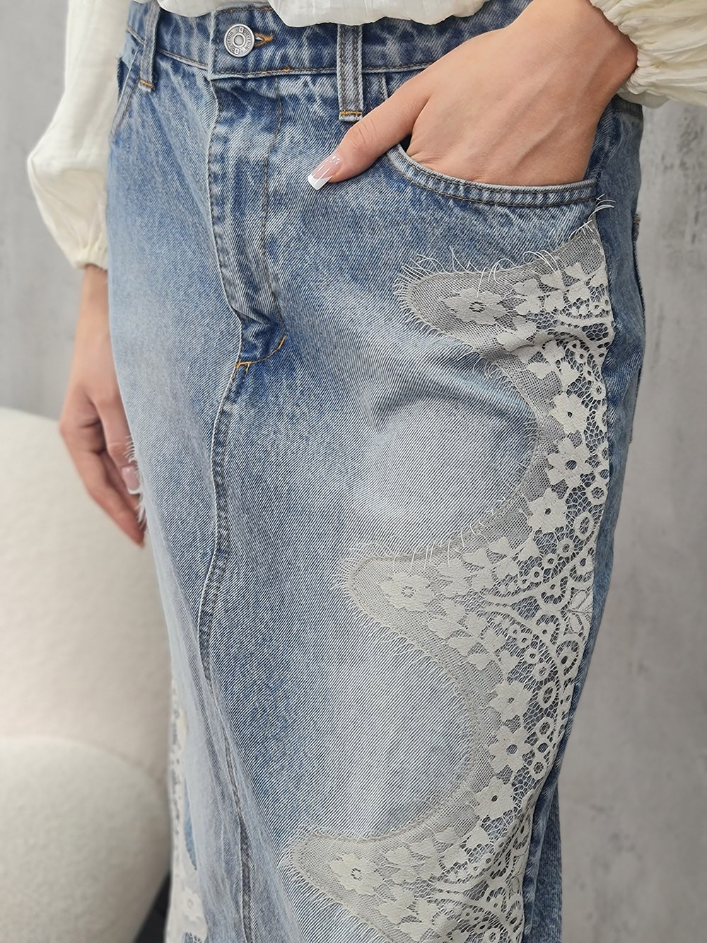 Юбка Souvenir джинсовая с кружеом синяя , фотография №4