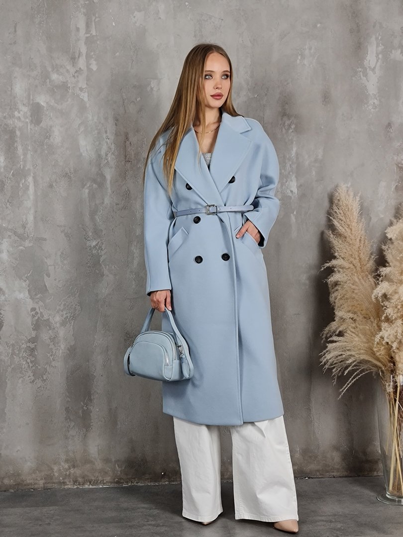 Пальто Imperial с поясом голубое, фотография №3