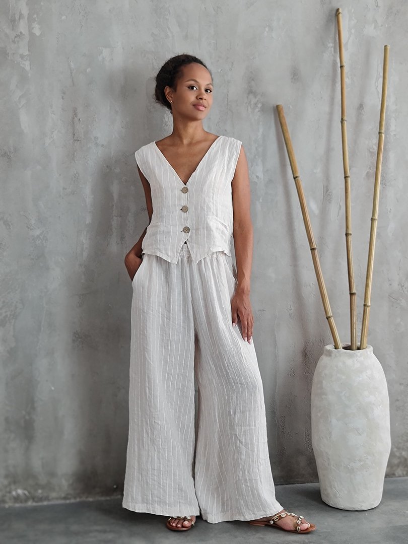 Костюм PURE LINEN жилет и брюки в полоску кремовый, фотография №2