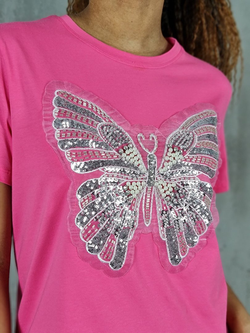 Футболка Monte Cervino с большой бабочкой из страз розовая, фотография №2