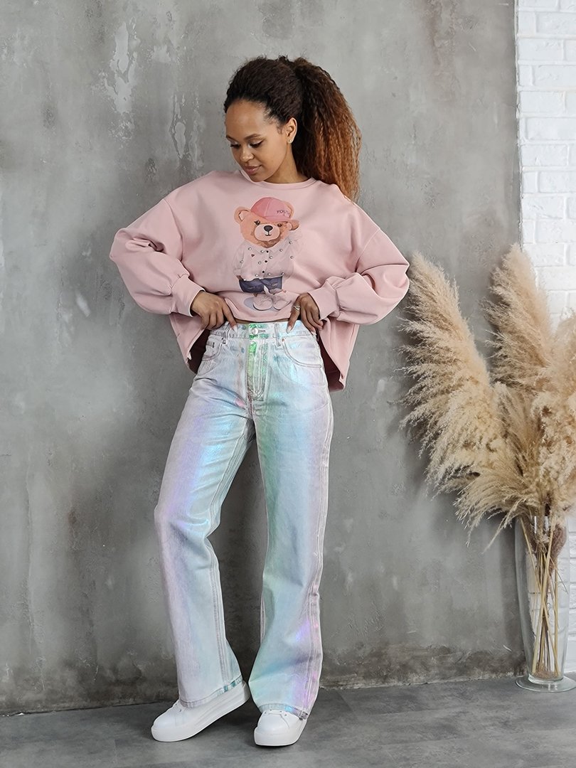 Джинсы Miss Bonbon с радужным напылением прямые белые, фотография №3