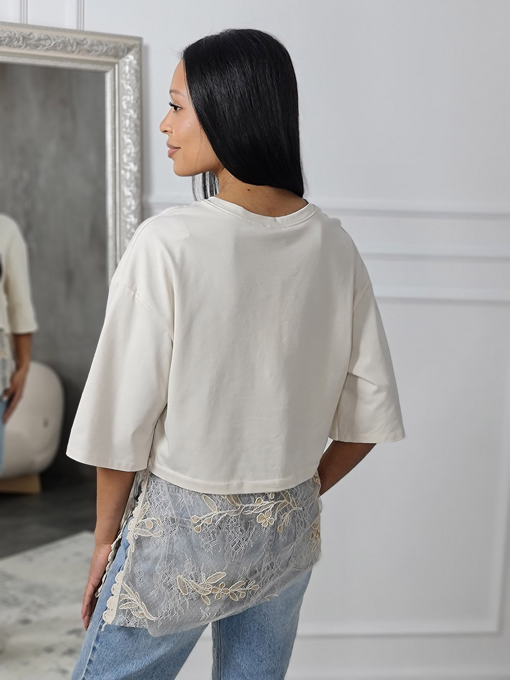Футболка MIHO'S с кружевом снизу кремовая, фотография №5