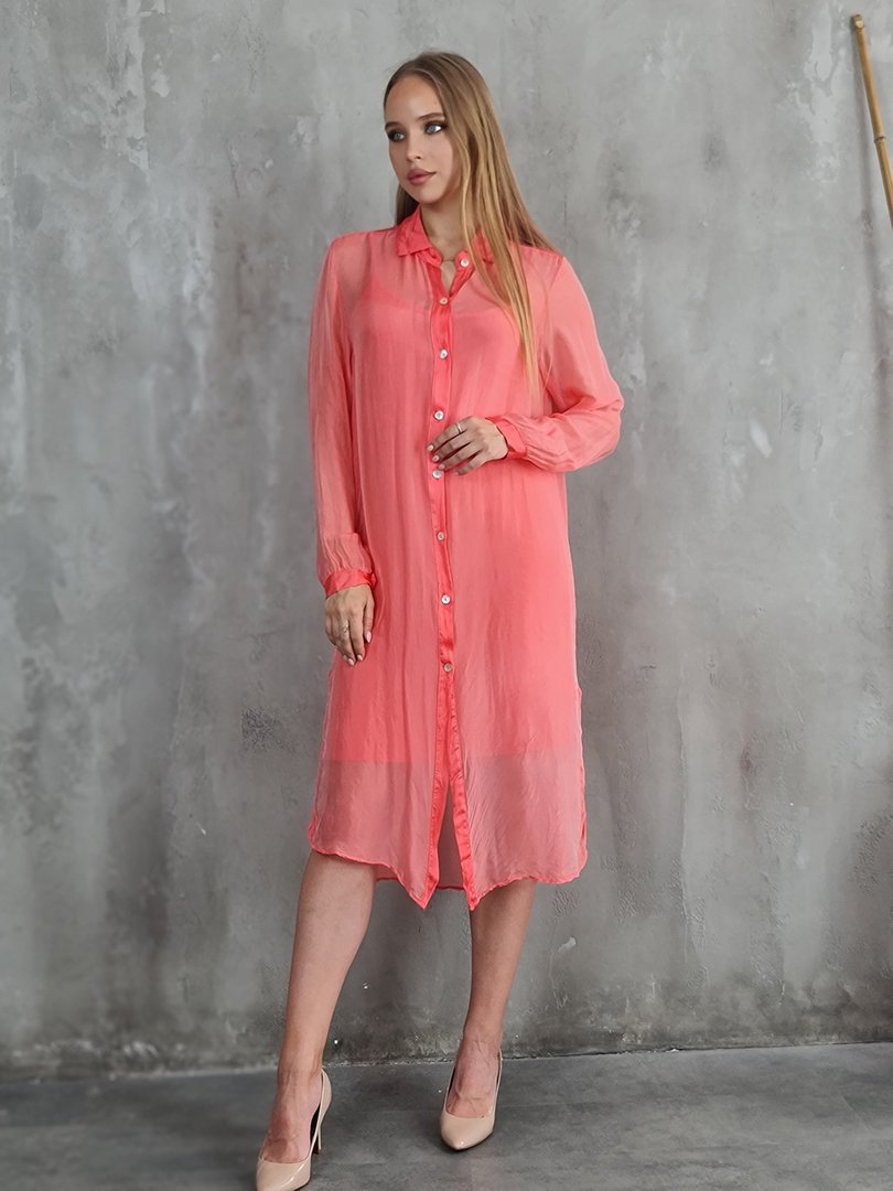 Платье-рубашка Pura Seta шёлковое коралловое, фотография №2