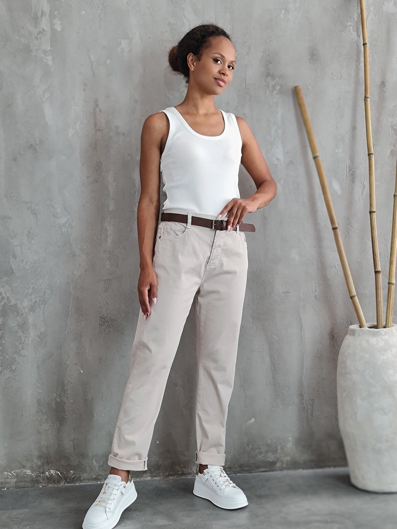 Брюки Please из ткани с коричневым ремешком кремовые, фотография №2