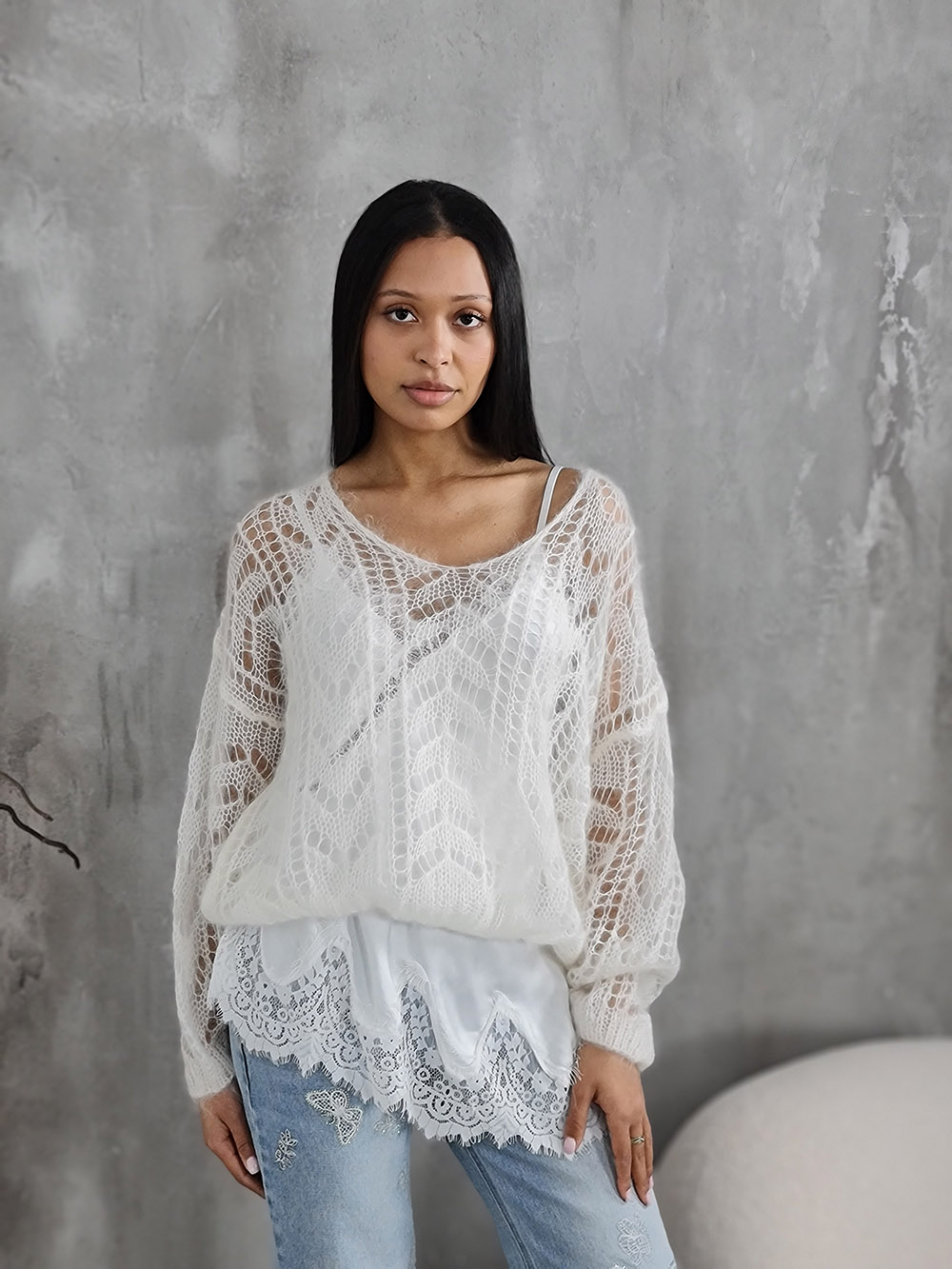 Джемпер Silk new v вырез мохер молочный, фотография №1