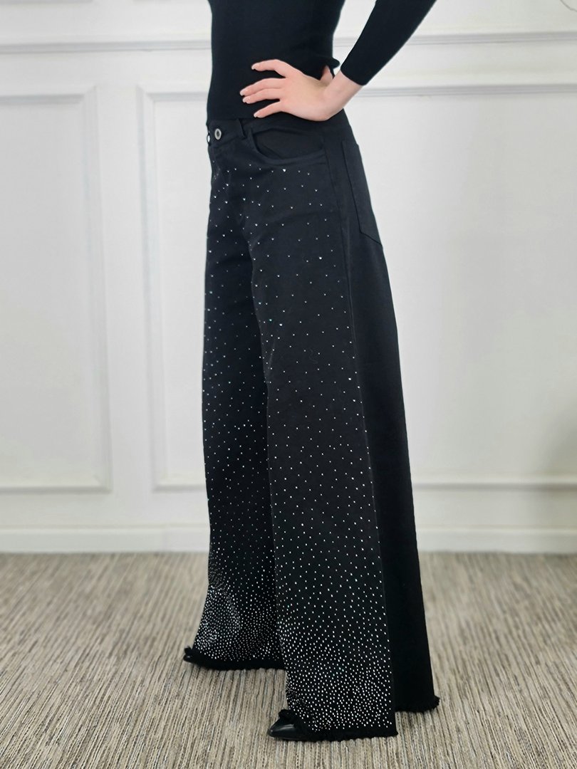 Джинсы MIHO'S прямые обрезанные со стразами черные, фотография №2