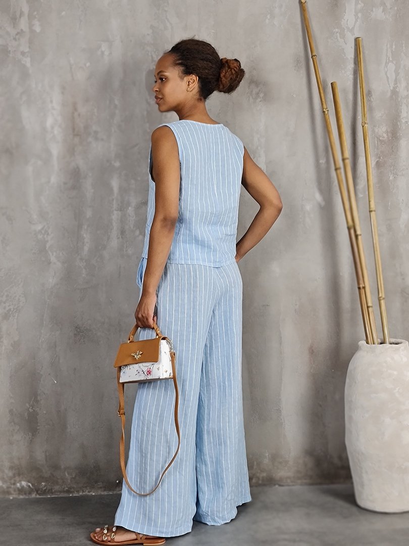 Костюм PURE LINEN жилет и брюки в полоску голубой, фотография №2
