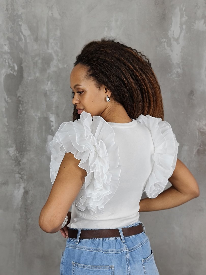 Топ ELSA.M с объемными рюшами на рукавах белый, фотография №2