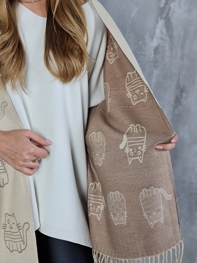 Палантин Mondana с принтом "Котики" и люрексом ваниль, фотография №2