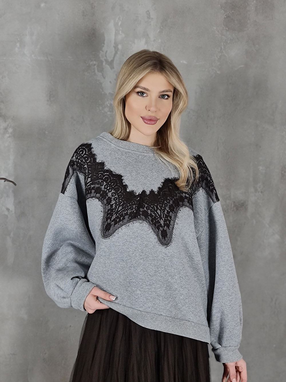 Свитшот на флисе Mitica&Co. с кружевом серый, фотография №1