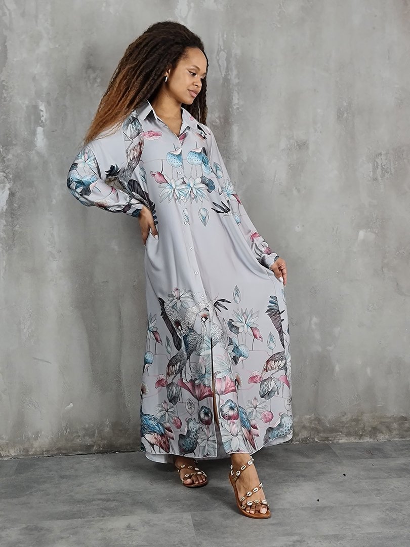 Платье Joleen свободное с цветами и птицами серое, фотография №2