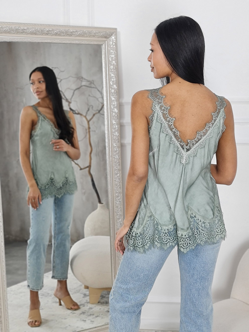 Топ WI&CO с кружевом на тонких бретелях оливка   , фотография №4